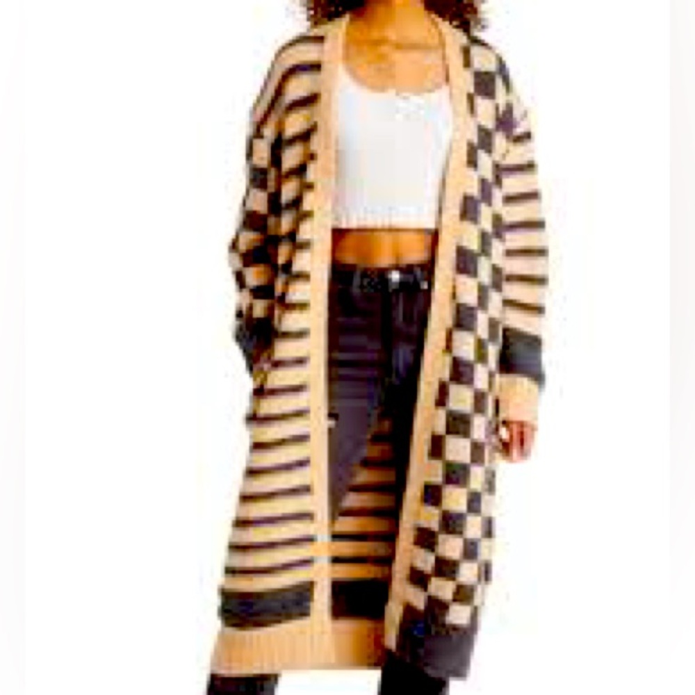 Topshop knitted checkerboard and stripe maxi cardi in multi